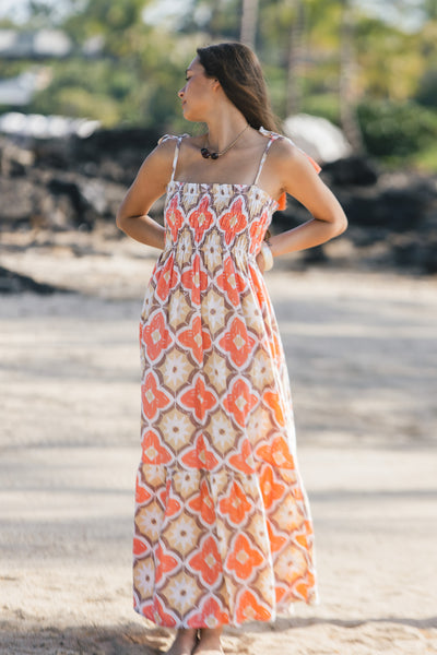 Kona Linen Maxi Dress | Hawaiian Apparel & Beachwear | Spanish Tiles Peach | One Size