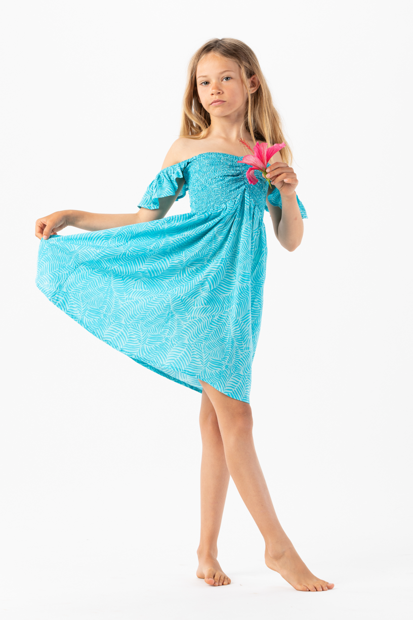 Kids Hollie Dress | Hawaiian Apparel & Beachwear | Geo Palms Teal | Size 2-4 | Tiare Hawaii Kids Hollie Dress | Hawaiian Apparel & Beachwear | Geo Palms Teal | Size 2-4 | Tiare Hawaii