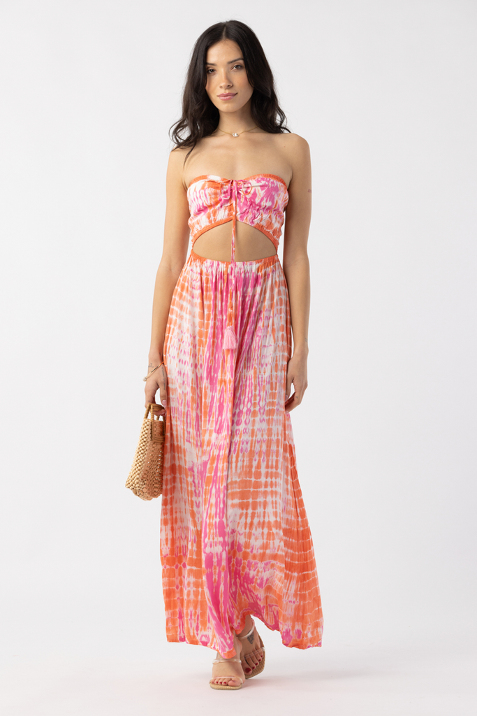 Tiare Hawaii Andy Maxi Dress – Aqua Pink Rust Ombre Strapless Rayon Maxi Dress